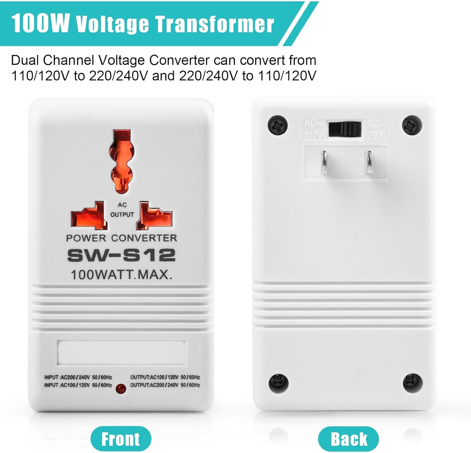 Voltage Converter 110V to 220V Step-Up & Step-Down Power Two-Way Conversion Voltage Converter Transformer for Travel, RV, and Camping (100W-White) - Image 6