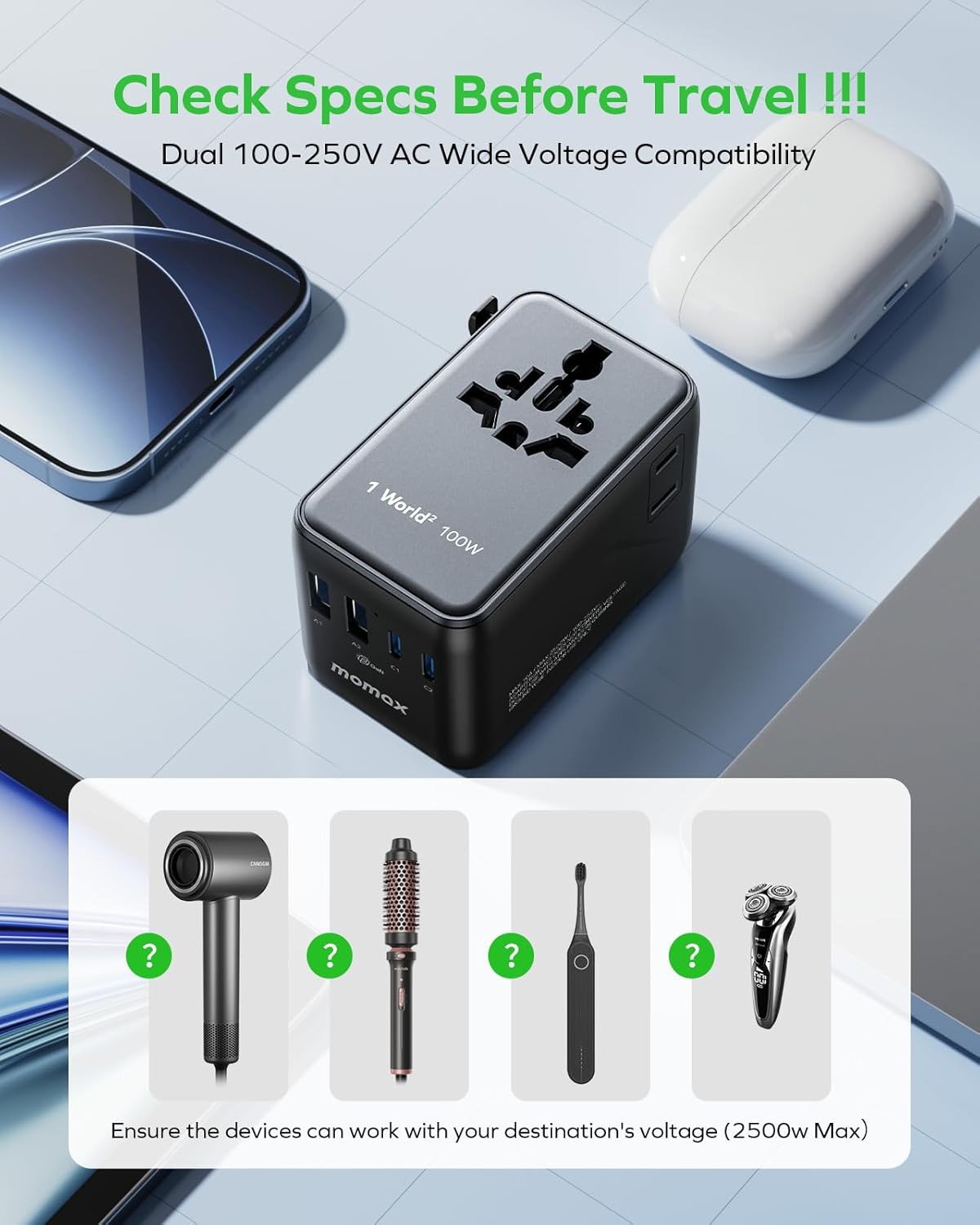 MOMAX 6-in-1 Universal Travel Adapter, GaN 100W International Power Adapter, 2 AC, 2 USB-C PD Fast Charging & 2 USB-A QC, All-in-one International Plug Adapter for Travel European UK AUS JP - Image 9