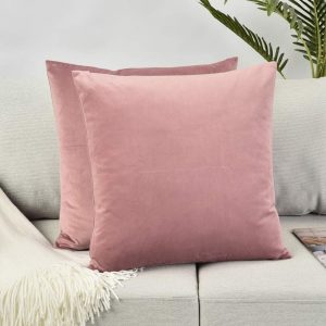 Rythome Set of 2 Comfortable Throw Pillow Cover for Bedding, Decorative Accent Cushion Sham Case for Couch Sofa, Soft Solid Velvet with Zipper Hidden – 18″x18″, Mauve Pink