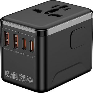 Universal Travel Adapter, European Travel Plug Adapter with PD Fast Charging, 5-Port (USB-A/2 USB-C/2 AC/1), International Power Adapter with Surge Protection & Fuse for UK/US/AU/EU