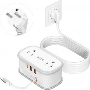 European Travel Plug Adapter, US to Europe Plug Adapter 2 Outlets 3 USB Ports, 5ft Power Cord with USB C Cable, Type E F Plug Adapter for US to Most of Europe Iceland Spain Italy France