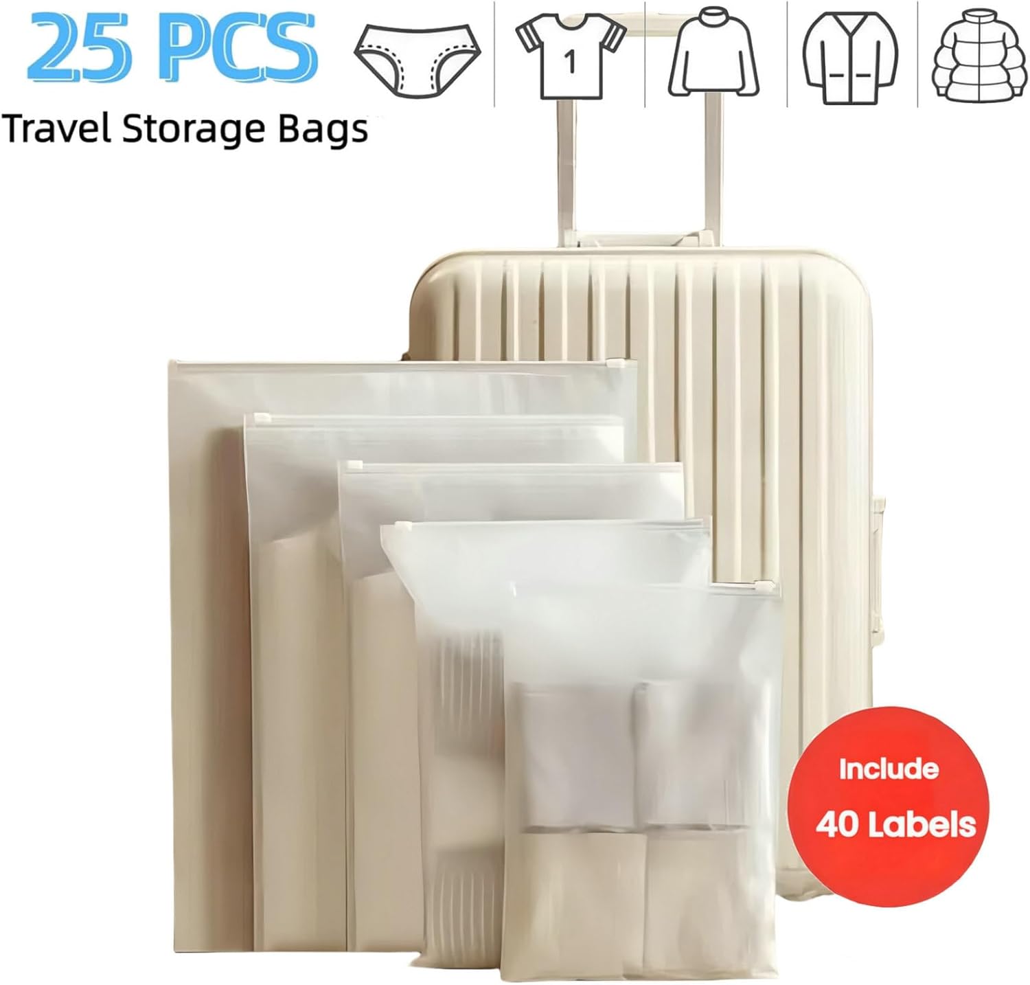 25 Pcs Travel Storage Bags - Waterproof Clothing Packing Bags for Travel Zipper Frosted Plastic Bag for Clothes, Shoes, Toiletries & Cosmetics Organizers, 5-Size - Image 2
