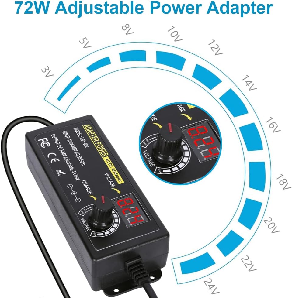 72W Power Supply Adjustable DC 3V ~ 24V Variable Universal Switching AC/DC Adapter 100V-240V AC to DC Converter with LED Voltage Display and 14 Tips, for 3V to 24V Household Electronics - 3000mA Max - Image 2