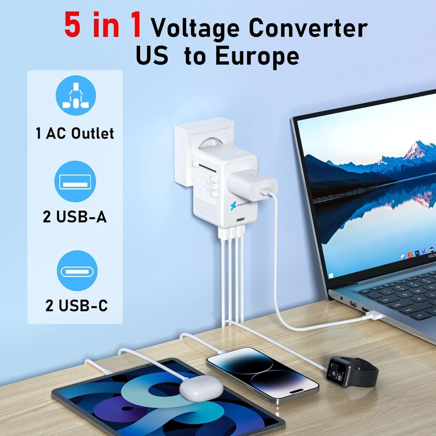 220V to 110V Voltage Converter US to Europe for Hair Dryer with Fast Charging 2 USB 2 USB C, Power Converter Adapter Combo International Travel Adapter A C G I (White) - Image 4