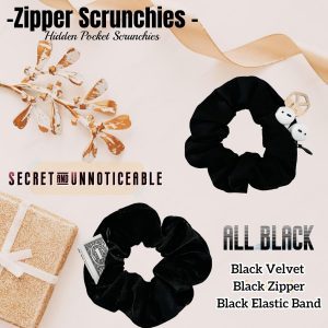SCRMROIA Zipper Scrunchies, Pocket Scrunchie, SECRET&HIDDEN, Velvet Hair Ties Bracelet, Compatible with Apple AirPods Pro 3&2&1, Pouch Storage Bag for Key Money, Elastics Hair Band (4 PACKS Black)