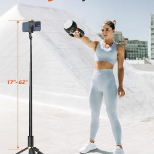 Phone Tripod & Selfie Stick with Remote, Portable, Lightweight for Video Recording Vlog, Extendable Travel Tripod Stand Compatible with iPhone Android, Black, 62″