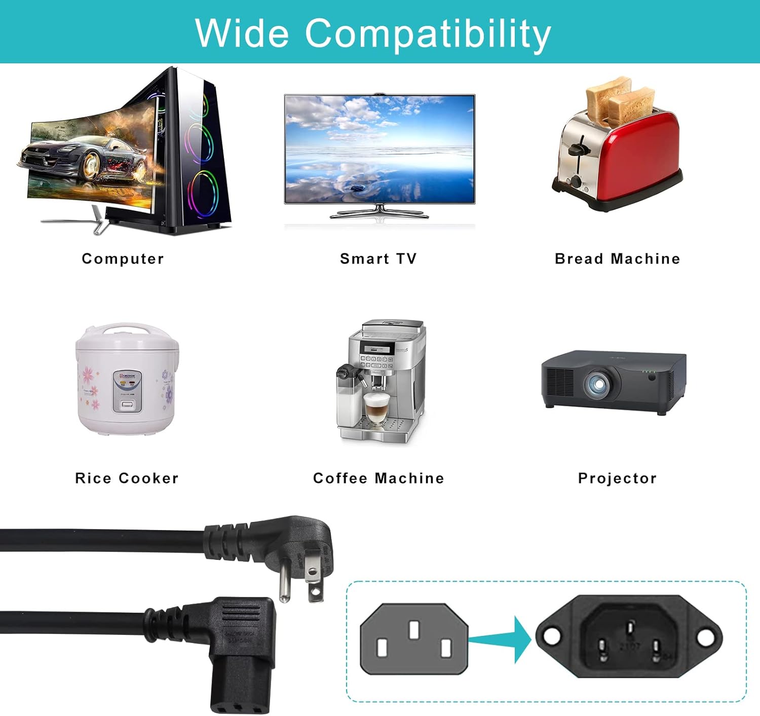 90 Degree Computer Power Cord - 10FT Flat Low Profile Angled NEMA 5-15 Plug to IEC C13 Power Cord,Universal PC Power Supply Cord, 16AWG, Black C13 3 Prong Angled AC Power Cord for PC Monitor/TV (10FT) - Image 7