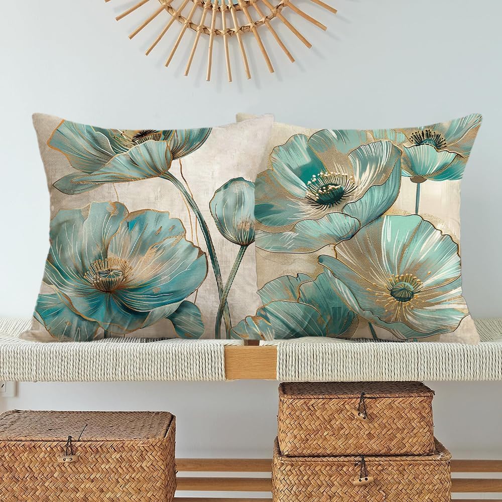 LSMIAO Print Green Poppy Flowers Throw Pillow Covers, Teal Blue Floral Pattern, 18x18 Inch, 100% Polyester, Hidden Zipper, Set of 4, Green Plants Decoration Cushion Covers, Without Pillow Inserts - Image 3