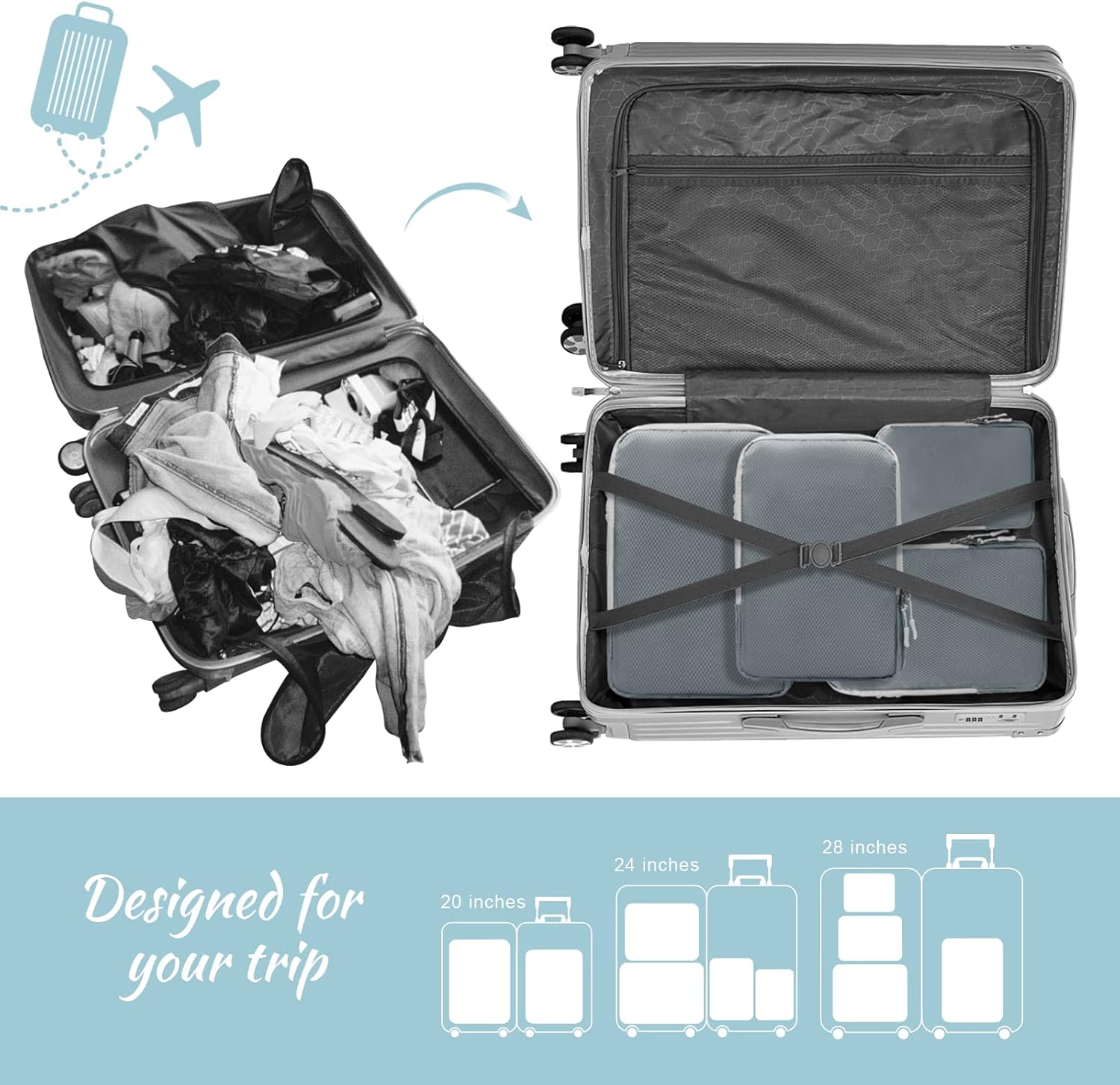 WOOMADA Compression Packing Cubes for Suitcases Travel Essentials 4 Set Expandable Travel Bags Organizer for Luggage(dark grey) - Image 4