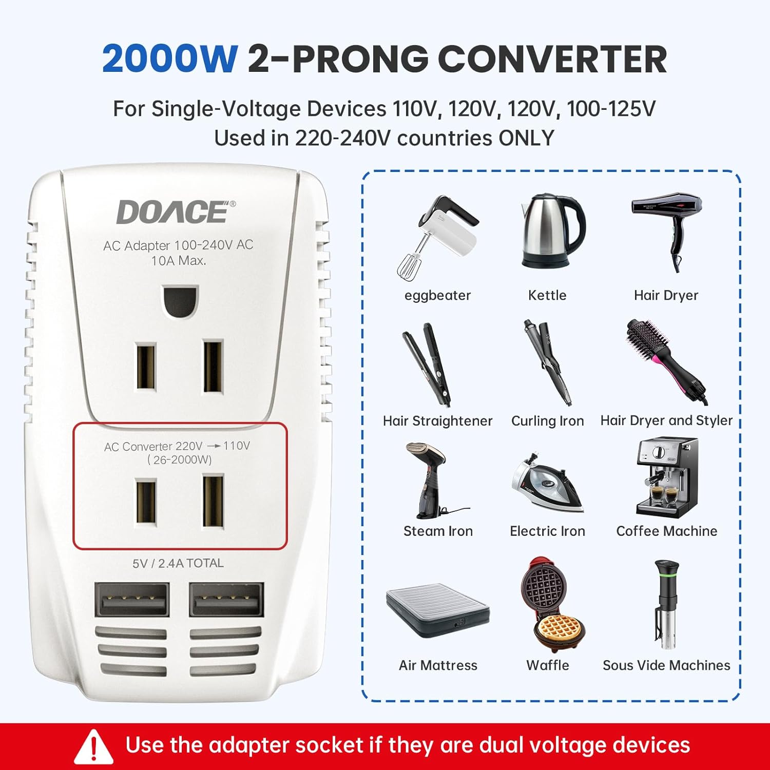 Upgraded 2000W 220V to 110V Converter for European Travel, Voltage Converter US to Europe for Hair Dryer Straightener Curling Iron, 2300W Adapter with EU/UK/AU/US Plugs for Laptop Camera Cell Phone - Image 3