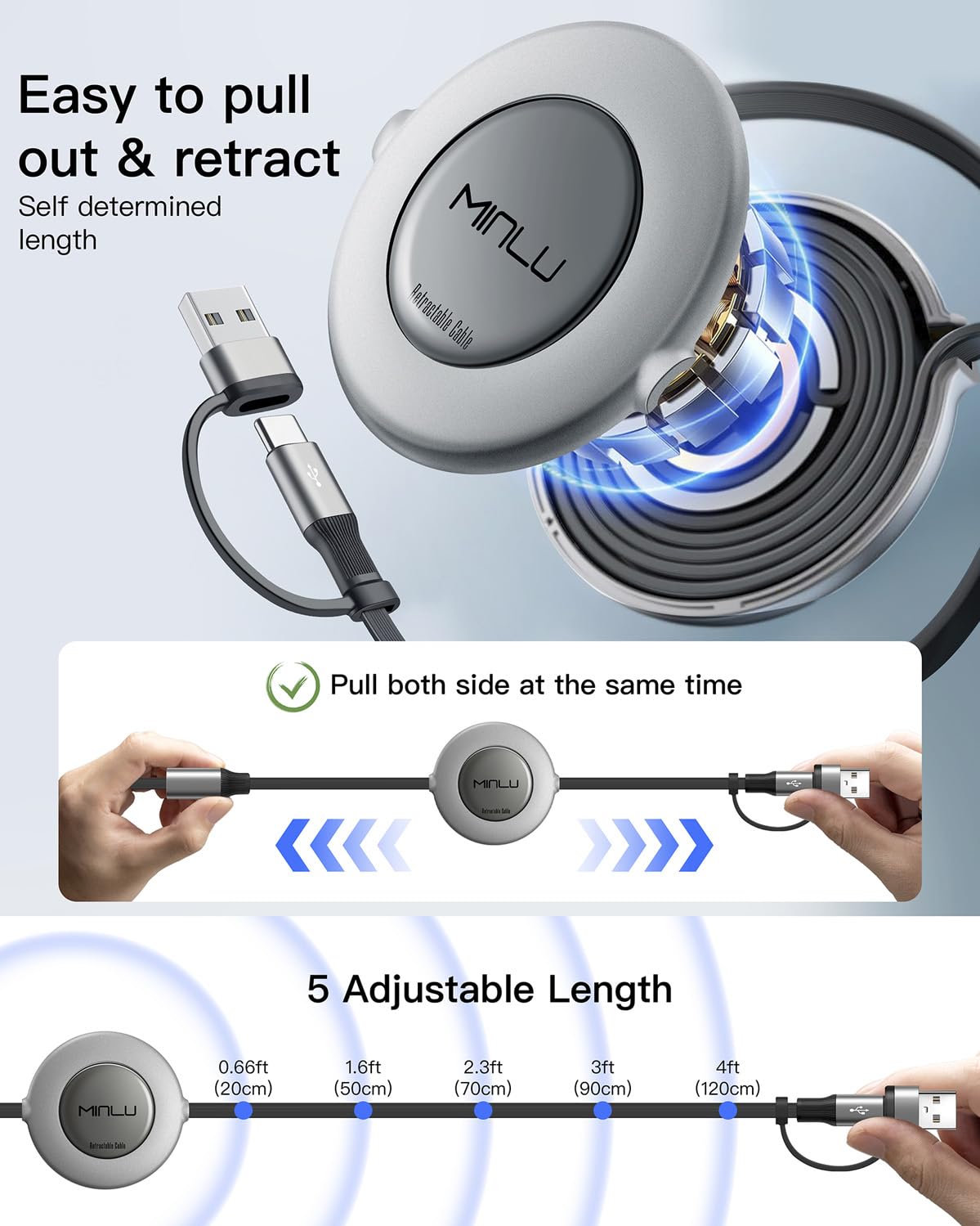 Minlu 3 in 2 Multi Charging Cable,2Pack 4Ft Retractable Chargers for All Devices,Multiple USBC Charger Cable Adapter with USB A/C to Lightning/USB C/Micro USB Port for iPhone 17/16/15/14/Samsung/PS - Image 8