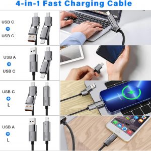 4 in 1 USB C Cable, 2Pack 6FT Round Braided Multi Fast Charging Cable, PD 65W 27W, 480Mbps Data Transfer, Compatible with iPhone/iPad/Samsung/MacBook