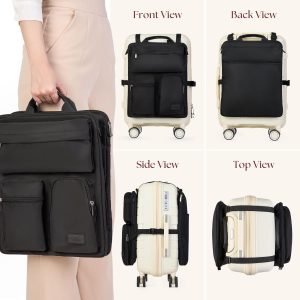 BAREFOOT CARIBOU Over Luggage Organizer for Carry On Bag or Suitcase with Storage Pockets, 16” Laptop Sleeve with Handle, Travel Accessories Bag Slide On Luggage Harness with Adjustable Straps (Black)