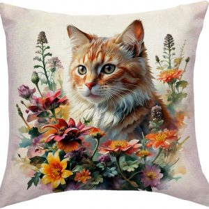 JAERUE Cat Decorative Throw Pillow Cover with Floral Farmhouse Decor Pillow Cases for Sofa Couch Porch Patio Spring Summer Cushion Covers,18 x 18 inches (Orange, 18×18)