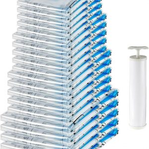 Amazon Basics Vacuum Compression Space Saving Storage Bags with Hand Pump for Travel, Multiple Sizes for Clothes and Blankets, Clear, 20 Pack (5 Small, 5 Medium, 5 Large & 5 Jumbo)