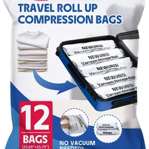 12 Pack Compression Bags for Travel, Roll Up Reusable Travel Space Saver Vacuum Storage Bags for Luggage, Camping, and Storage (No Vacuum or Pump Needed).