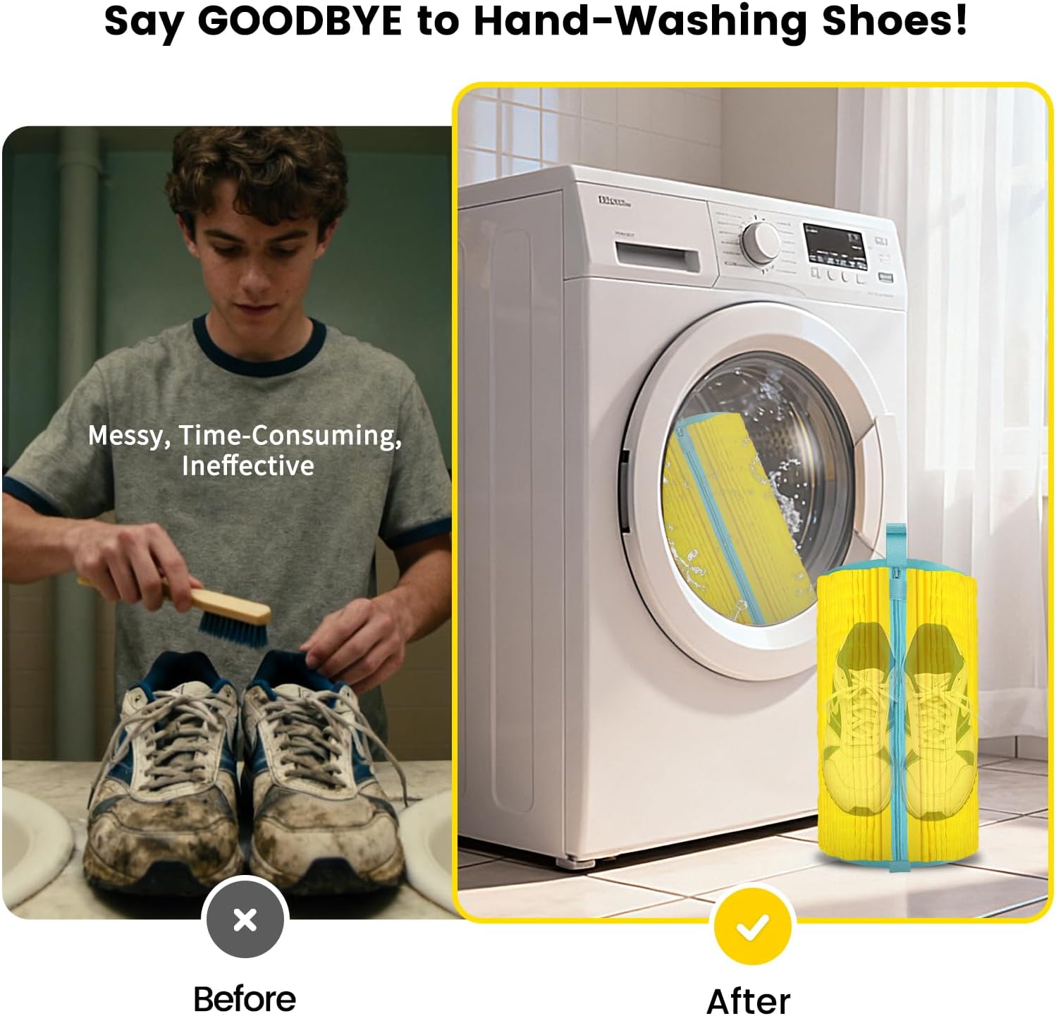 XQXA Shoe Washing Machine Bag 2-Pack - Reusable Shoe Washing Bag with Hidden Zipper, Machine Washable Shoe Bag for Sneakers, Tennis & Athletic Shoes (Yellow) - Image 2