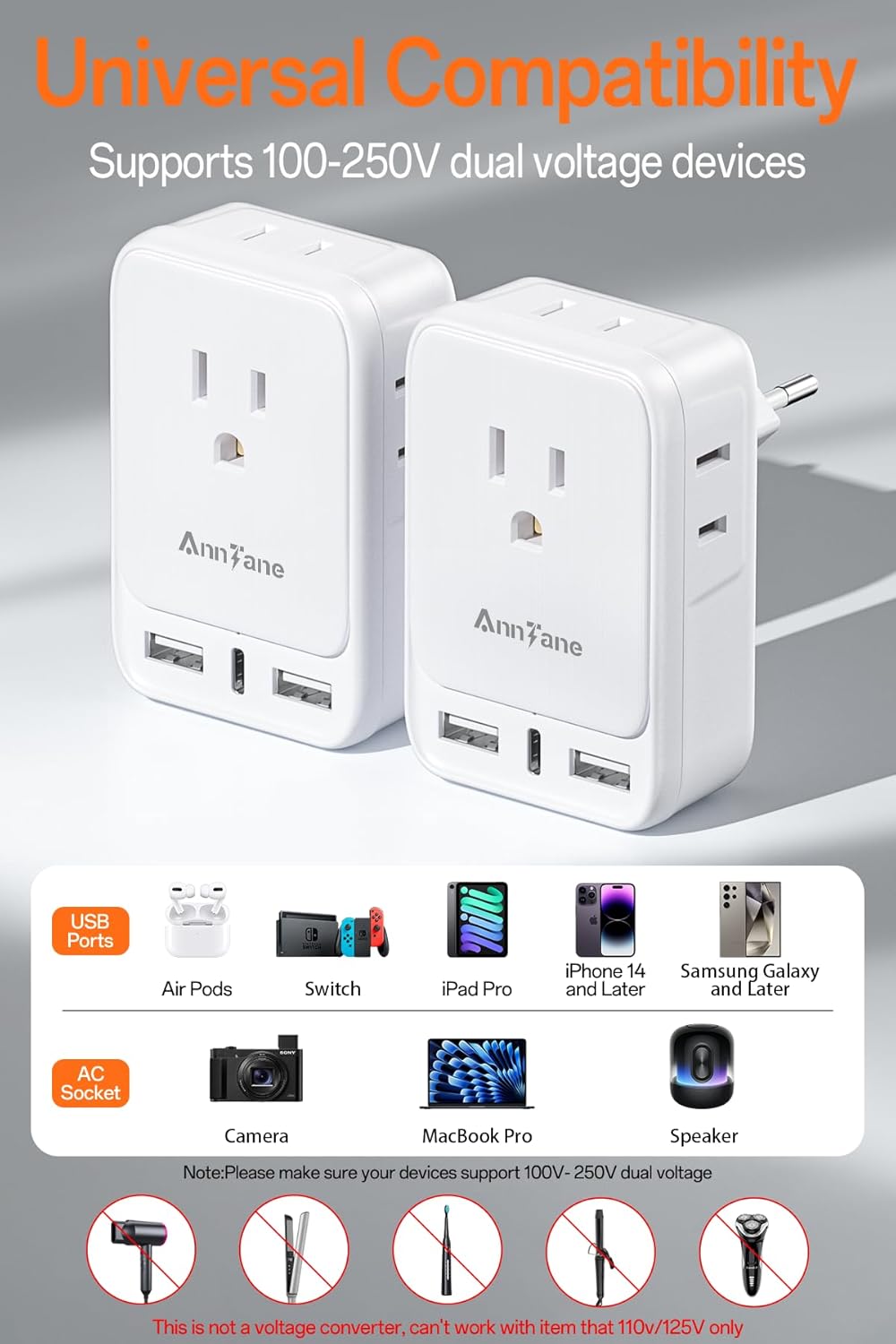 2 Pack European Travel Adapter, US to Europe Plug Adaptor with 4 Outlets 3 USB Charging Ports, Type C Power Adapter for USA to EU Euro Spain France Iceland Italy Germany Greece, White - Image 7