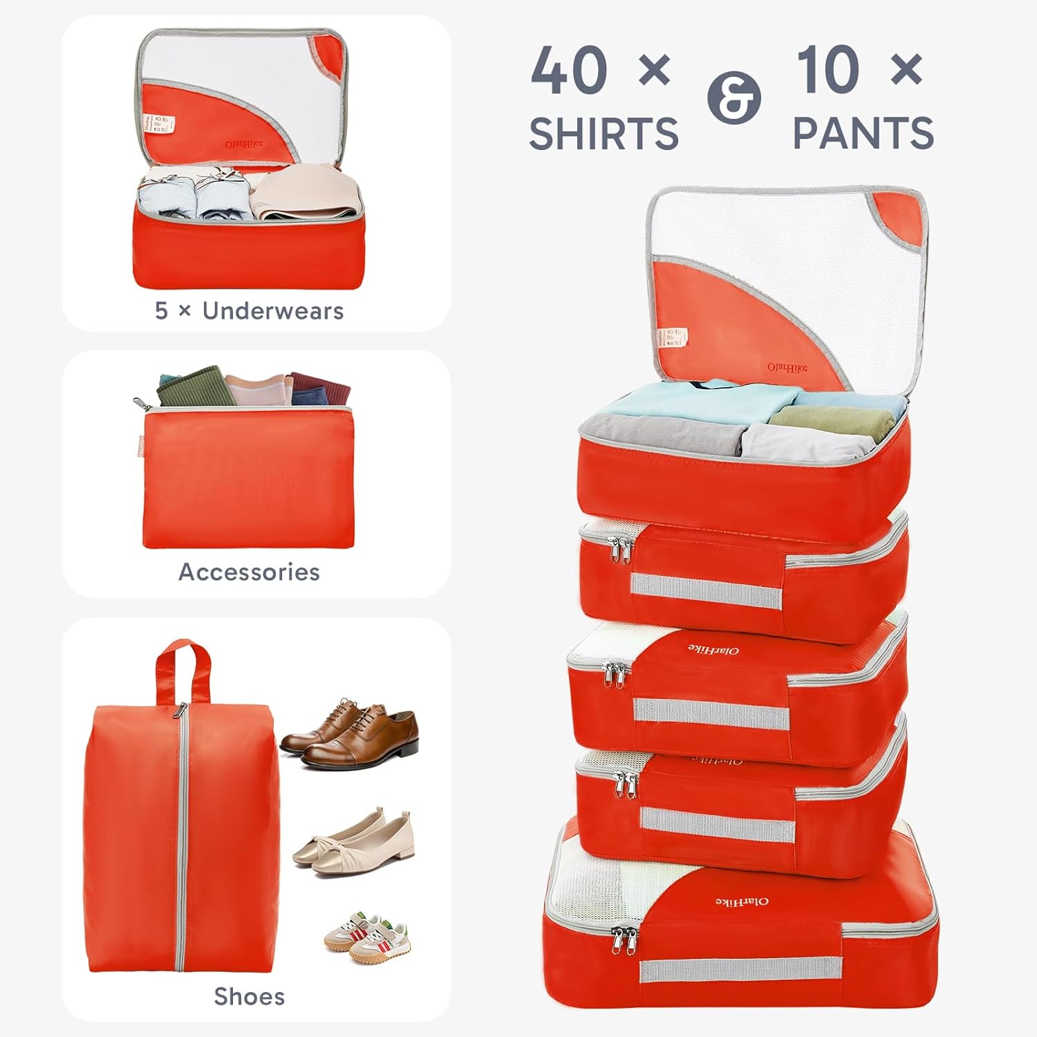 ALL INCLUDED 10 Set Sturdy Packing Cubes for Suitcases,OlarHike Travel Essentials,UPGRADED Anti-Tear Stitching, NEW Improved Luggage Packing Organizers for Travel Accessories (Orange) - Image 4