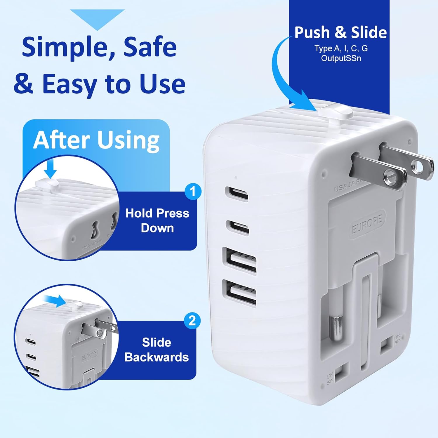 Universal Travel Adapter Worldwide International Plug Adaptor with 2 USB C 2 USB A Ports,World Power Outlet for European USA UK Australia Ireland - Image 5
