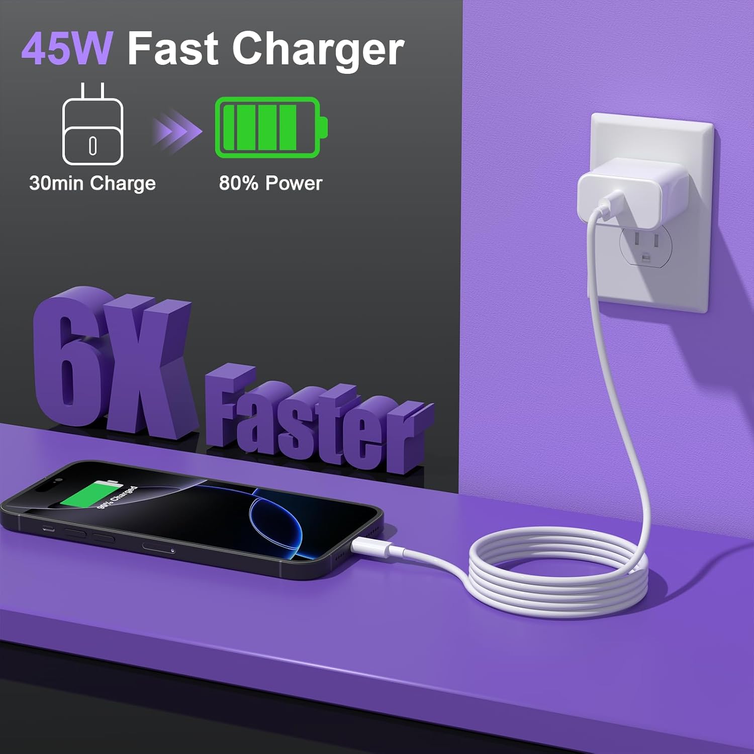 45W USB C Super Fast Charging,iPhone 17 Pro Max Fast Charger Block with 6ft 60W USB c to Type-c Cable for iPhone 17/17 Plus/17 Pro Max/16/16 Plus/16 Pro Max/15 Pro Max/iPad Pro/AirPods Max - Image 4