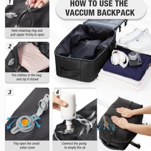 VECAVE Vacuum Backpack Travel with Pump for Women, Personal Item Carry on Backpacks Flight Approved for Men,Laptop Waterproof Work Compression bags Casual Daypack Black