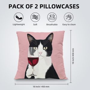 Tudguiloae Set of 2 Throw Pillow Covers 18×18 Inch, Decorative Pillows Covers for Couch, Cute Cat Holding Glass Short Plush Pillow Case with Hidden Zipper Perfect for Sofa Living Room and Bed