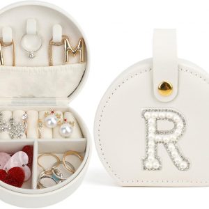 Mini Travel Jewelry Box with Initial R Small Jewelry Travel Case for Women Girls Teens White R Letter Cute Organizer Storage Holder Boxes for Rings Earrings Necklaces Unique Birthday Gifts