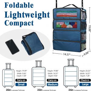Suitcase Organizer, Carry on Closet Luggage Organizers Accessories for Travel, Foldable and Hangable Portable Hanging Travel Shelves with a Shoulder Strap to Use As a Travel Backpack Medium, Navy Blue
