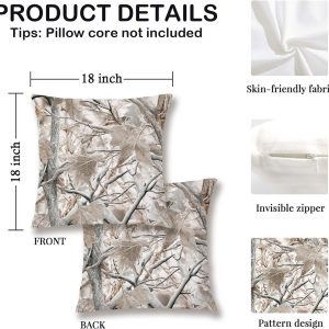 RLTXBUK Winter Tree Camo Pillow Covers 18×18, Rustic Farmhouse Decor, Hunting Room Decor, Real Camo Beige Leaves Nature Decorative Throw Pillow Covers Pillowcases for Living Room Home Bedroom