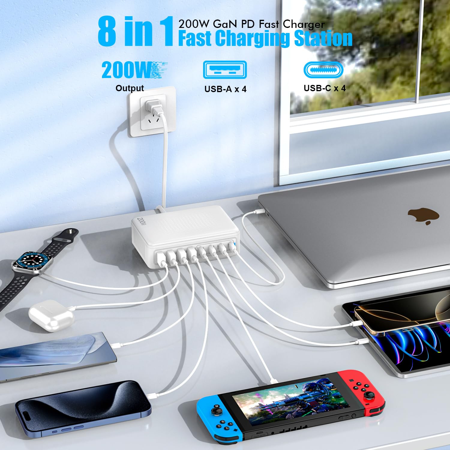 USB C Charger Block,200W GaN 8 Port USB C Charging Station USB Hub Block Cube Type C & USB A Wall Charger Power Adapter for Multiple Devices Apple iPhone 16/15/14,Steam Deck,MacBook Pro/Air,iPad Pro - Image 2