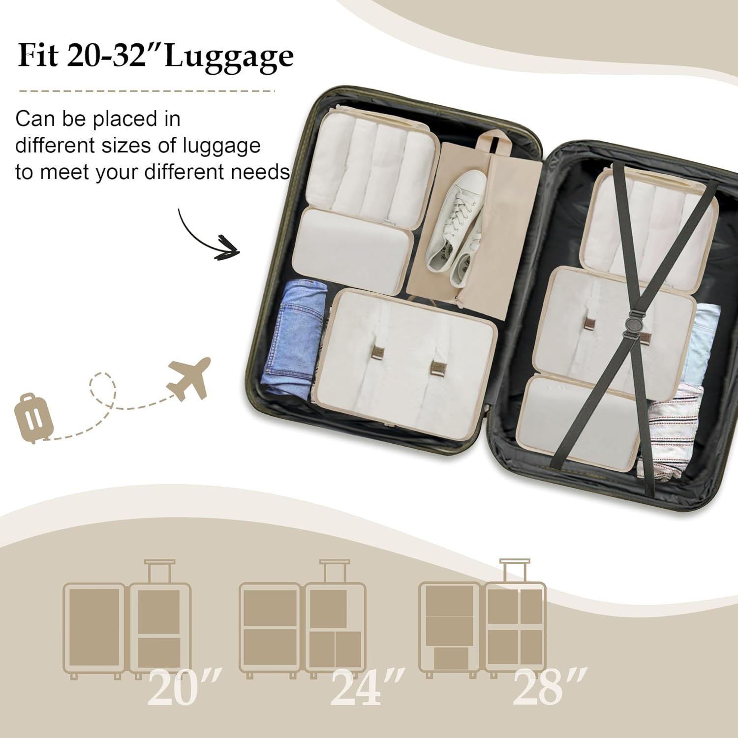 Ebbniur Packing Cubes, 7 Pcs Travel Packing Organizers for Suitcases, Large Capacity Travel Luggage Organizer Set includes 7 Storage Bags, Travel Essentials for Women or Men (Beige) - Image 7
