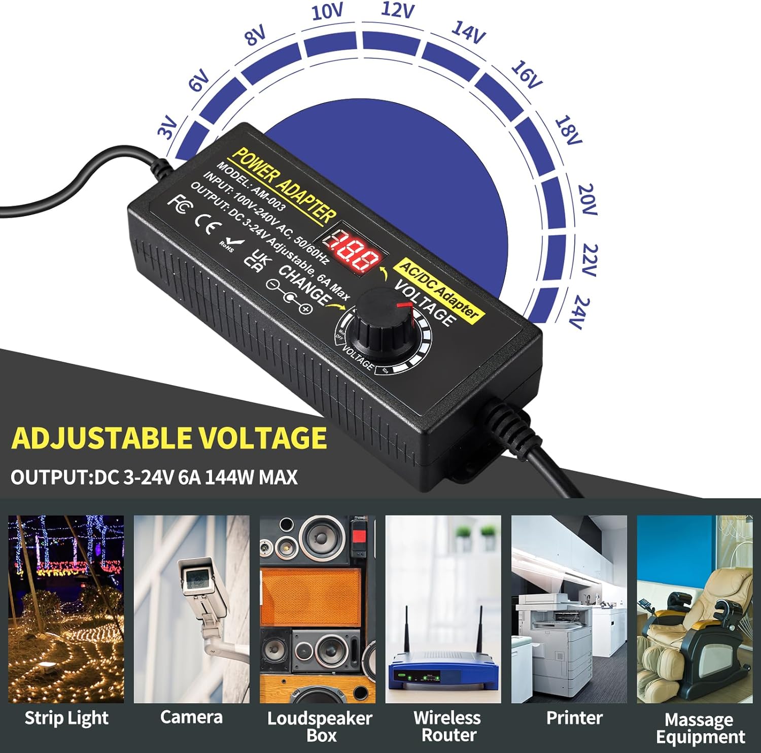144W Adjustable Power Supply Adapter 3V~24V 6A Universal Variable Switching Power Adapter 100V-240V AC to DC Converter Transformer with 14 Tips&Polarity Converter3V 5V 6V 9V 12V 15V 16V 18V19V20V24V - Image 5