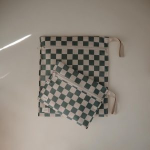 mushie Water Resistant Wet Bags | Large & Small Reusable Storage Bag for Baby Items and Travel | Zippered Pockets with Handle | Machine Washable, Set of 2 (Olive Check)