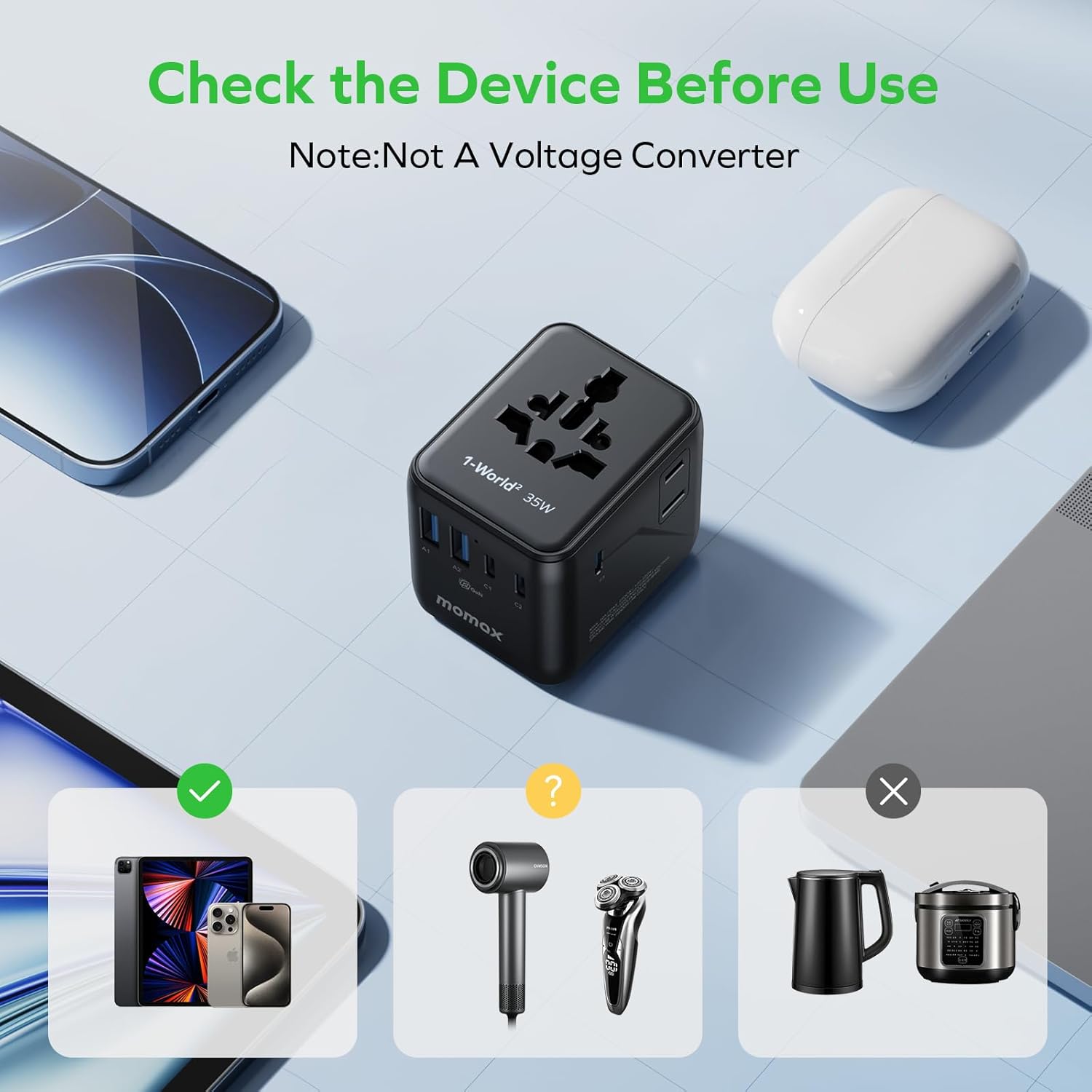 MOMAX 7-in-1 Universal Travel Adapter, 3 USB-C PD & 2 USB-A QC, 2AC, All-in-one European Travel Plug Adapter, International Power Adapter for Travel UK EU AUS JP, Travel Essentials - Image 7