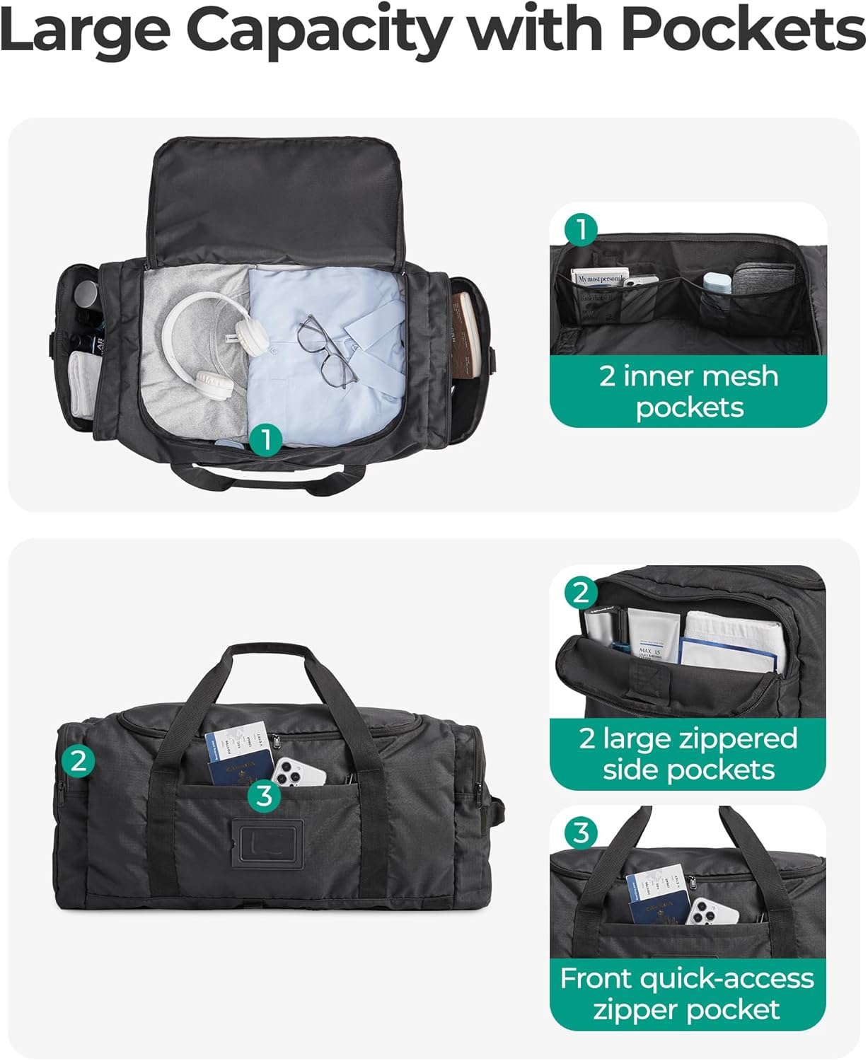 BAGSAMRT 60L Foldable Duffle Bag for Travel, Large Travel Duffel Bag for Men, 4 in 1 Travel Backpack, Carry on Weekender Bag, Black - Image 4