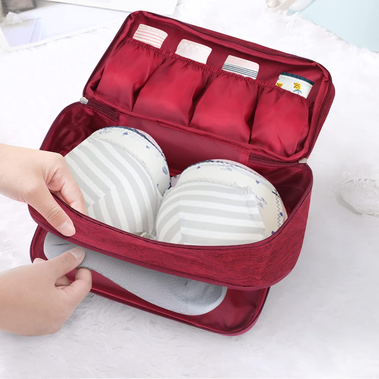 Unaone Travel Underwear Organizer - Portable Bra Travel Packing Storage Bag Large Compartment Underwear and Sock Organizer Bag, Burgundy - Image 4