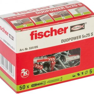 fischer DuoPower 3/16″ x 1″ (5x25mm) S, 50 Plugs & 50 Screws Metric Version Powerful Universal Plug with Intelligent 2-Component Technology for Fastenings in Concrete, Bricks, Drywall, Chipboard