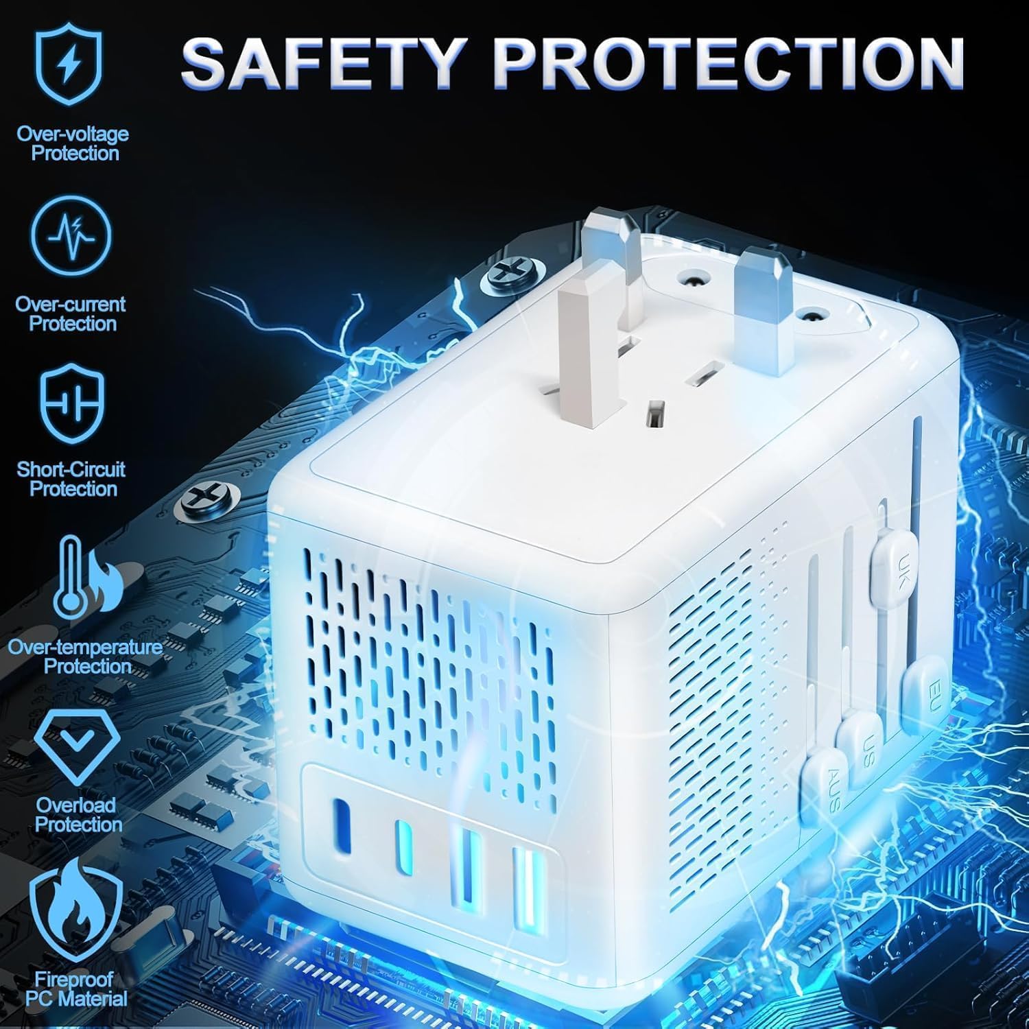 220V to 110V Voltage Converter US to Europe for Hair Dryer with Fast Charging 2 USB 2 USB C, Power Converter Adapter Combo International Travel Adapter A C G I (White) - Image 6