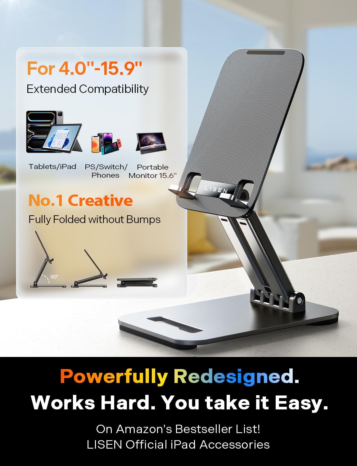 LISEN for iPad Stand Tablet Holder for Desk, Cool Home Office Desk Accessories for Men Women Kids Tablet Gifts, Office Home Essentials Gadgets Portable Monitor Stand for iPad a16 Accessories Kindle - Image 2