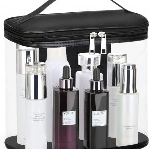 Heavy Duty Leak Proof Clear Travel Bags for Toiletries, Transparent Makeup Cosmetic Bag with Zipper and Handle (Large, Black)