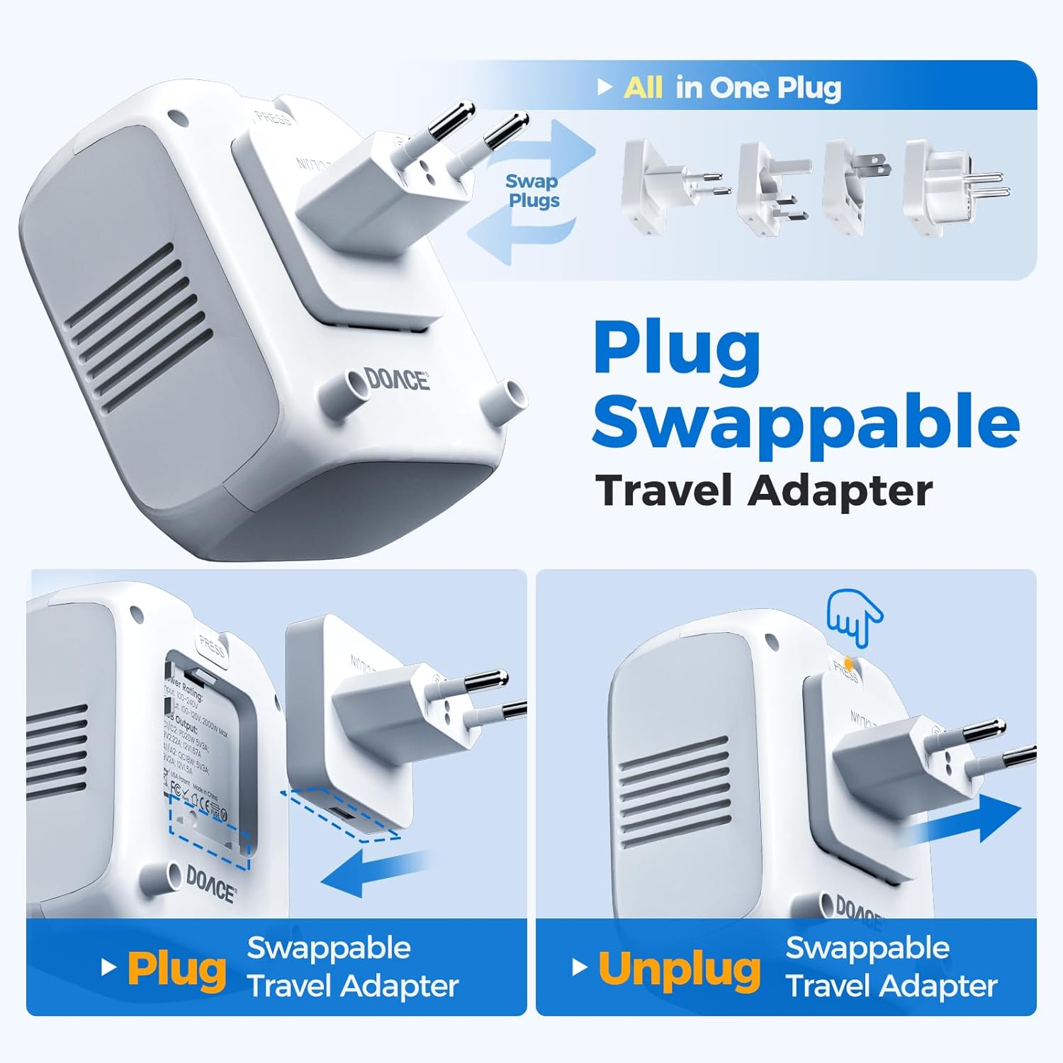 2000W Voltage Converter US to Europe - DOACE 220V to 110V Converter for European Travel, Power Converter Adapter Combo with 2 PD/QC & UK/AU/US/IT/European Travel Plug Adapters for Hair Dryer Phone - Image 8