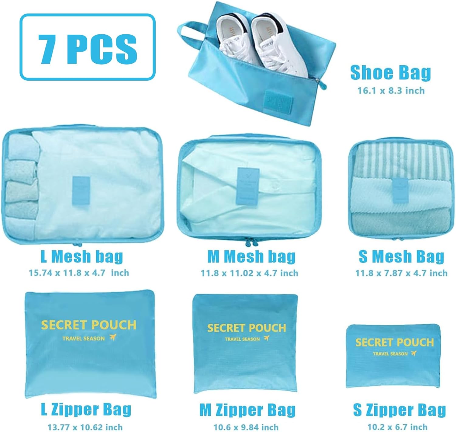 INVODA 7 piece Multi-size Packing Cubes for Travel Suitcase Organizer Bags Lightweight Travel Bags (Sky Blue) - Image 3