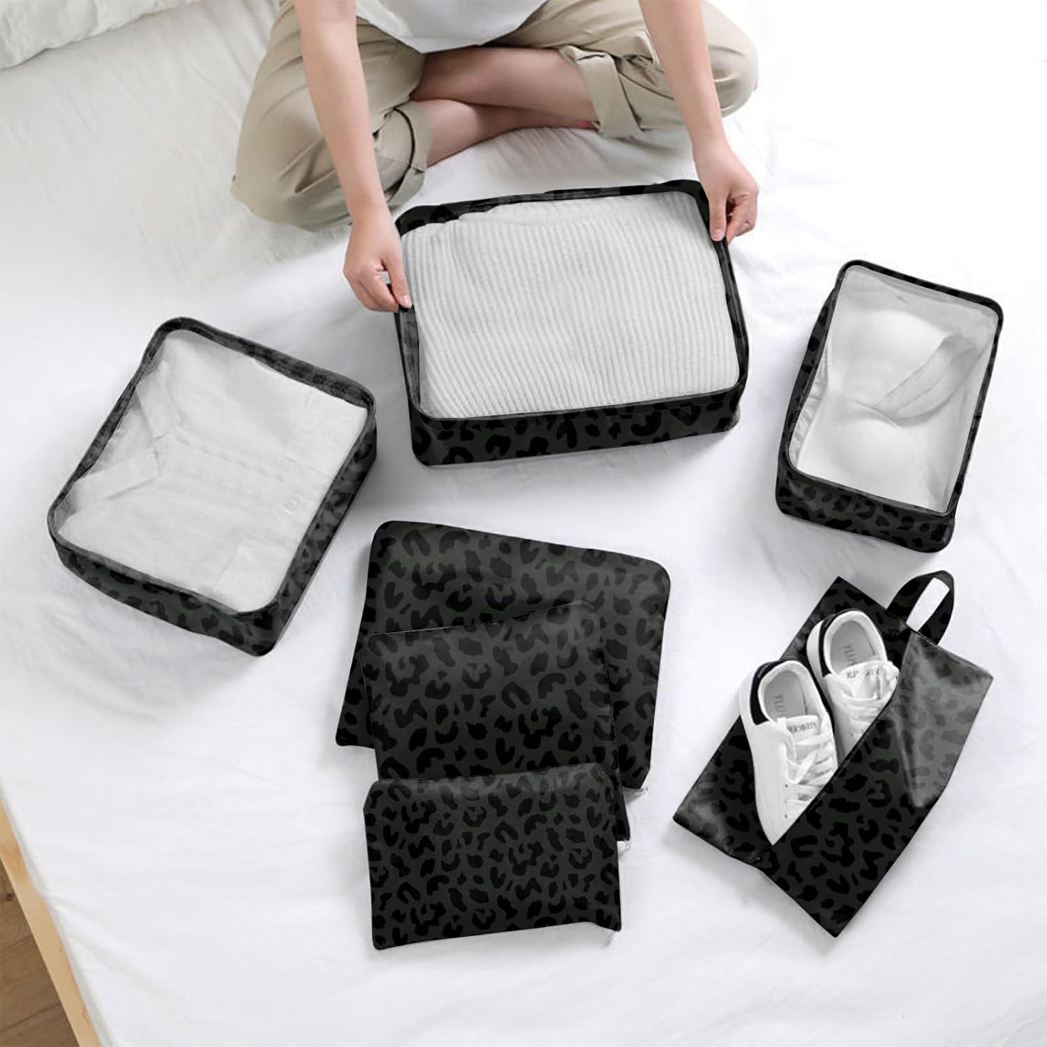 BHAHB 7 Set Packing Cubes Travel Luggage Organizers for Suitcase Travel Accessories with Shoe Bag for Women Girls Aesthetic Cute-Black Leopard Cheetah Pattern - Image 7