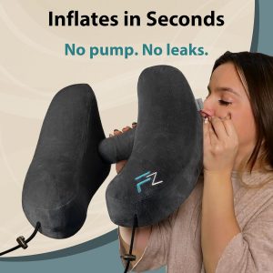 FLOWZOOM Air Inflatable Neck Pillow for Traveling on Plane – H-Shape Hooded Airplane Pillow with 5 Snooze Modes, Fast Inflation, Pressure Control, Cozy Clip-On Hood & Plushy Cover – Size L, Jet Black