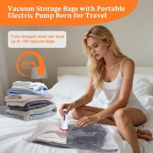 Vacuum Storage Bags for Travel with Rechargeable Air Pump – 16 Pack Vacuum Seal Bags for Clothing Space Saver, Compression Packing Bags for Suitcase Luggage, Blankets, Bedding, Seasonal Storage