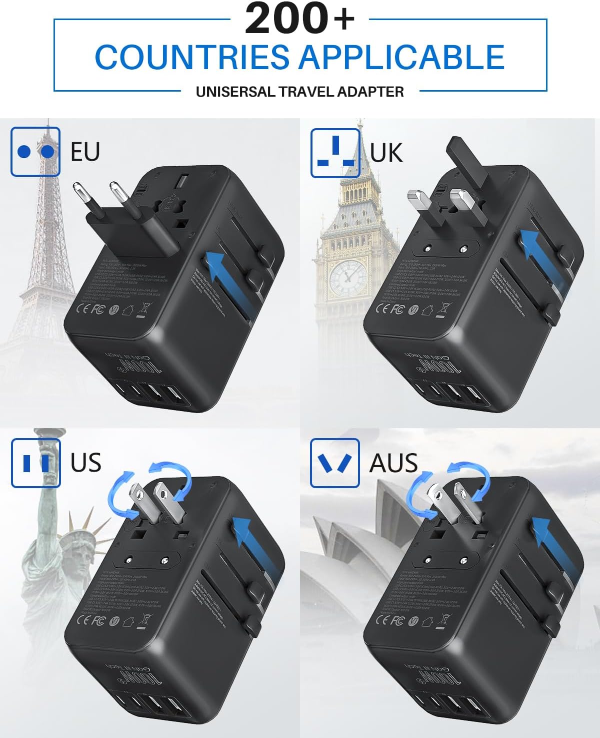 DOACE Universal Travel Adapter, 100W GaN 3.0 European Travel Plug Adapter with Built-in USB-C Cable, 6 in 1 International Power Adapter with 5 USB Ports for EU/UK/USA/AUS(Black) - Image 4