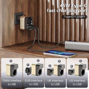 Universal Travel Adapter & Converter 2500W – 45W USB-C Fast Charging, 4 in 1 International Power Plug with 2 USB Ports, High Power for Hair Dryer/Laptop, Compact & Safe (Type A/UK/EU/AU)
