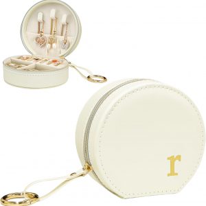COLLECTIVE HOME Monogram Jewelry Box for Travel – 4.5 Inch Spacious Organizer with Zipper Closure, Gold Chain & Letter Engraving, Personalized Gift Case for Women/Bridesmaids (r)