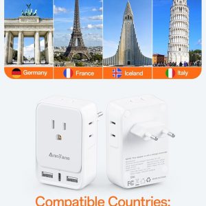2 Pack European Travel Adapter, US to Europe Plug Adaptor with 4 Outlets 3 USB Charging Ports, Type C Power Adapter for USA to EU Euro Spain France Iceland Italy Germany Greece, White